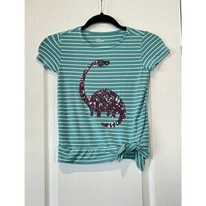 Rumi+Ryder Teal Striped Sequin Dinosaur Shirt Size Small 6-7